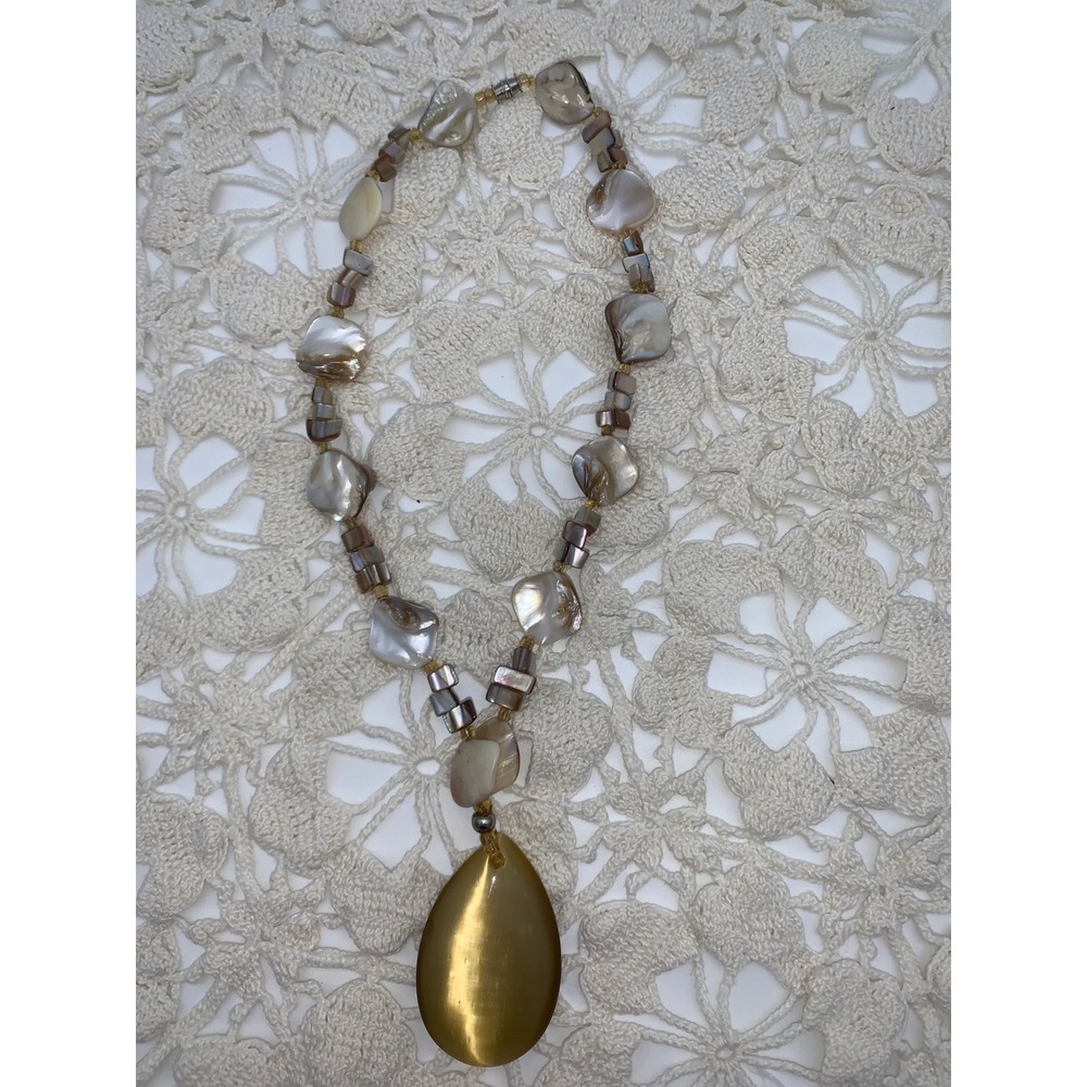Mother of Pearl Shell Statement Necklace Golden Teardrop Pendant Boho Earthy
